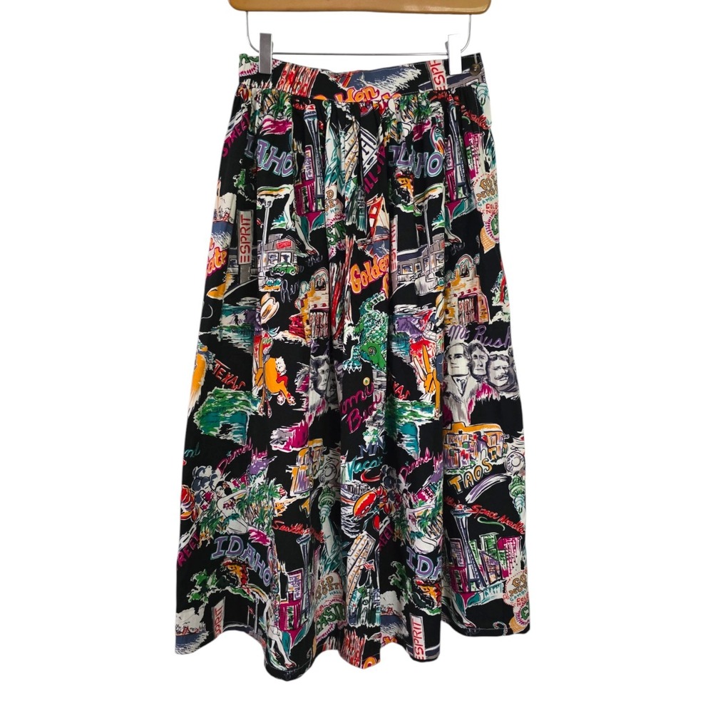 Vintage PORT Esprit Pleated Midi Skirt 27" Novelty American Tourist Print Kitsch